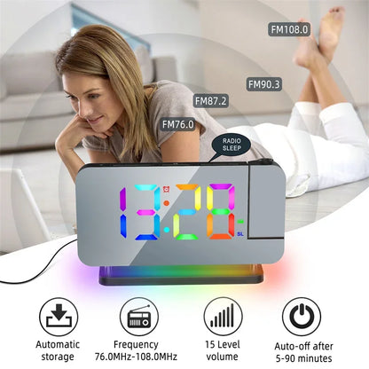 180° Projection Alarm Clock with RGB Mood Light FM Radio 6 Levels Volume Table Clock 12H/24H 2 USB Output Port LED Digital Clock