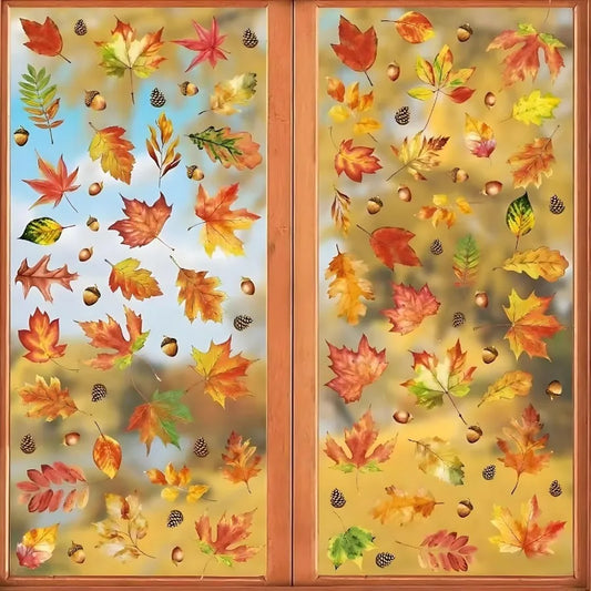 112 Pcs Fall Thanksgiving Window Clings Happy Thanksgiving Glass Window Decorations with Autumn Maple Leaves Stickers and Decal