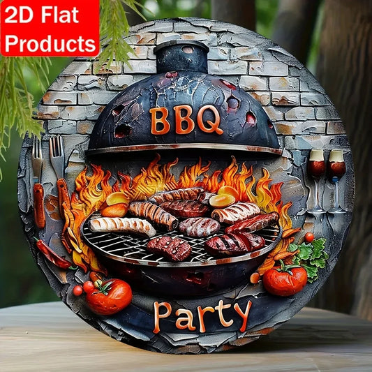 BBQ Party 2D Flat Tin Sign - 8"x8" Vibrant Grill Art, Rustic Porch Camping Decor, Outdoor Themed Gatherings, 1pc
