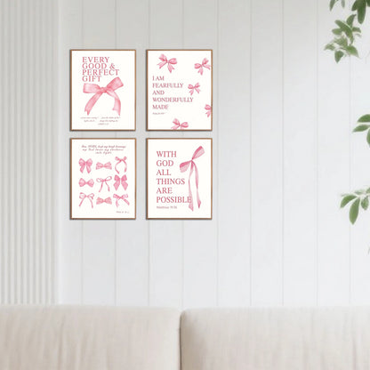 Set of 4 Elegant Bowknot Wall Art Pieces with Inspirational Quotes - Frameless Decor for Living Room Bedroom or Nursery