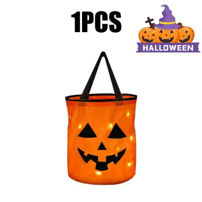 Trick-or-Treat Props Glowing LED Handheld Candy Bag Light Up Pumpkin Candy Bag for Halloween Night Supplies Party Decor