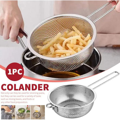 Stainless Steel Colander Fine Mesh Colander with Long Handle, Kitchen Metal Food Strainers with Resting Feet for Strain, Rinse,