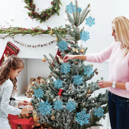 36pcs Christmas Light Blue Snowflake Ornaments Plastic Glitter Snow Flakes Ornaments for Winter Christmas Tree Decorations Size