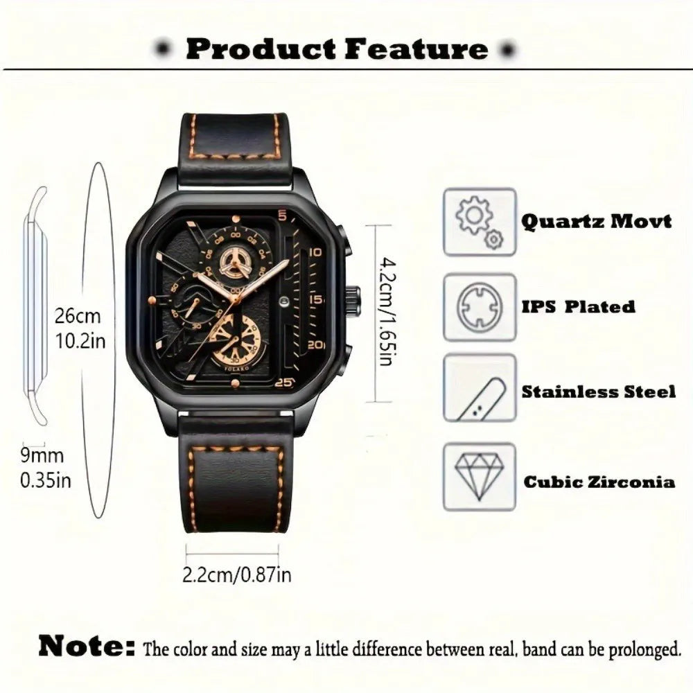 Men's Quartz Watch Square Black Dial