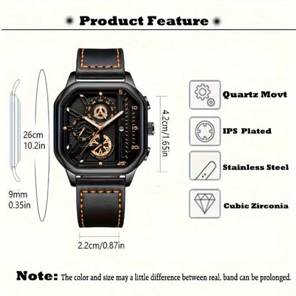 Men's Quartz Watch Square Black Dial