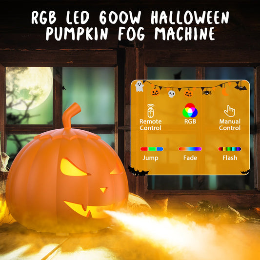 U'King 600W Pumpkin Fog Machine 12 Color RGB 6LED Lighting Effect Smoke Machine Remote for DJ Show Club Halloween Maker Fogger