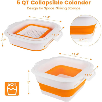 Collapsible Colander Set with Strainer Bowl, 2 in 1 Fruit Washing Basket with Strainer, 5 + 3 QT Plastic Colander for Kitchen, F