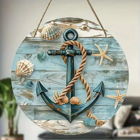 Rustic Round Wreath Sign - Aluminum Beach-Inspired Decor | Ocean Theme for Home|Weatherproof Metal, Nautical Wreath Design