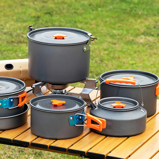 3pcs Camping Cookware Set Portable Non-Stick Aluminum Alloy Pot Pan 1.1L Kettle kit for Outdoor Survival Cooking Supplies