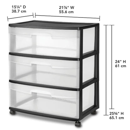 (2 pack) Sterilite Storage Drawer, 3 Drawer Wide Plastic Storage Cart with Clear Pull Out Drawers, Black