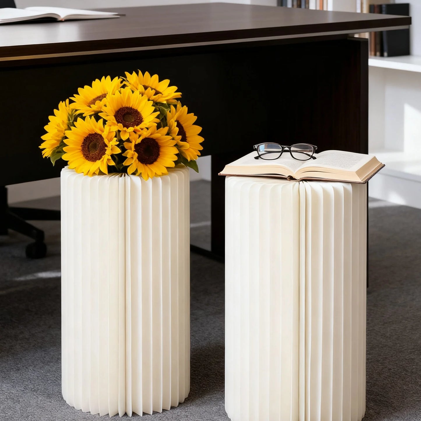 2 cylindrical flower stands, foldable PVC paper pillar display stand wedding center stand,suitable for birthday party decoration