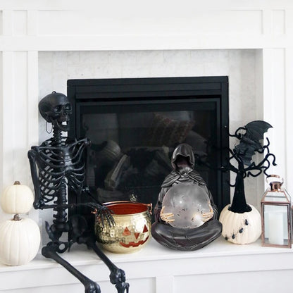 Halloween Gothic Reaper Crystal Ball Grim Reaper Statue with Floating Bats Scary Magical Glowing Balls Home Atmosphere Decor