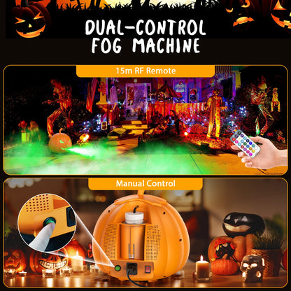 U'King 600W Pumpkin Fog Machine 12 Color RGB 6LED Lighting Effect Smoke Machine Remote for DJ Show Club Halloween Maker Fogger