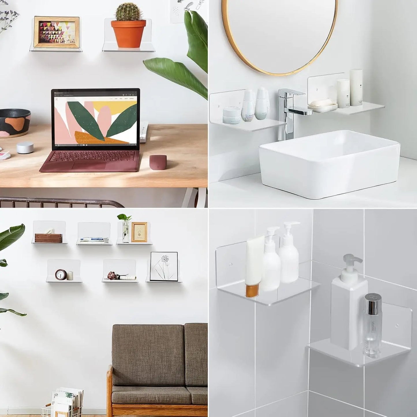 4 Pack Small Wall Shelf, 4'' Acrylic Wall Shelves Display Ledges for Storage & Decoration, Small Floating Shelf for Wall with 2