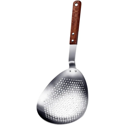 Stainless Steel Slotted Spoon Wooden Handle Food Serving Strainer for Hot Pot and Frying Kitchen Colander for Pasta and Oil Drai