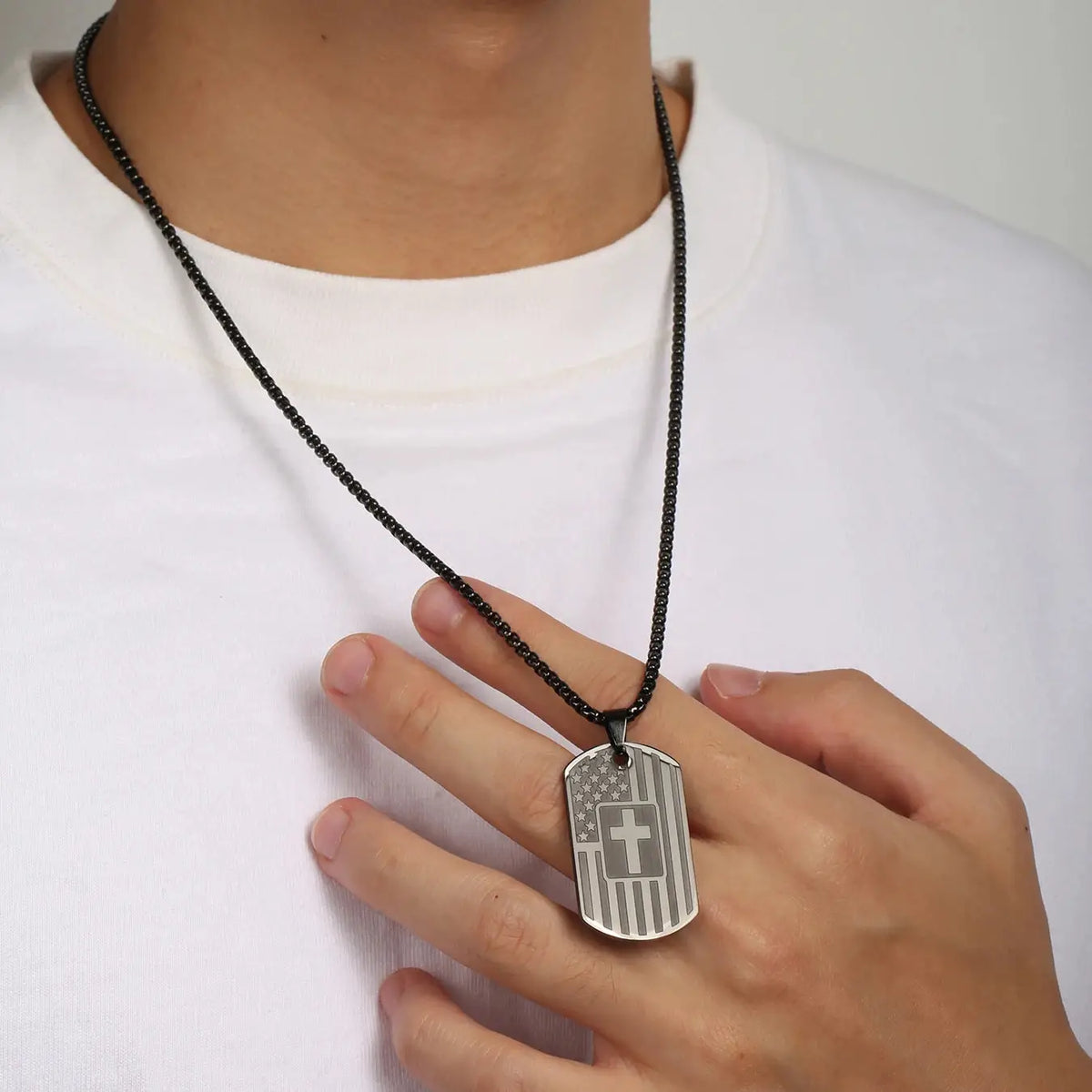 Stainless Steel USA Flag Bible Verse Cross Necklace