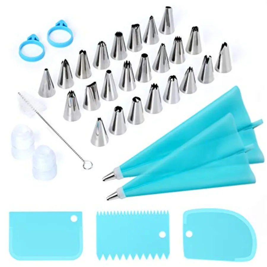 34Pcs Piping Bags and Tips Set Bake Cake Decorating Kit with 24 Stainless Steel Tips 2 Reusable Silicone Pastry Bags 3 Icing Sm