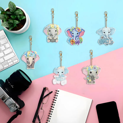 6PCS Double Sided Diamond Art Keyring Baby Elephant Rhinestone Painting Keychain Pendant Puppy for Adult Kid Purse Handbag Decor