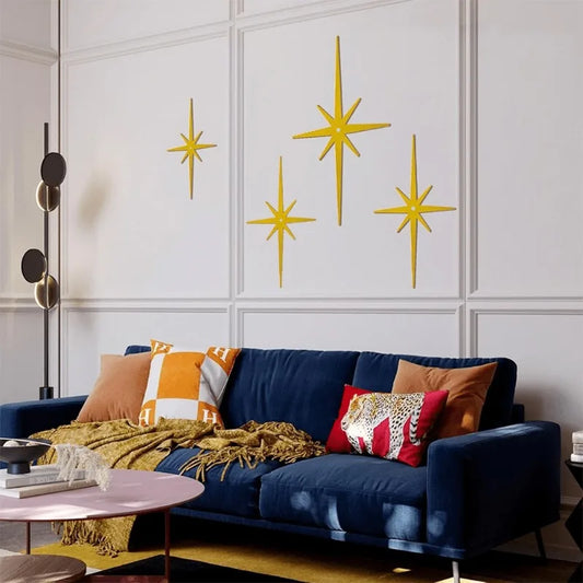 Vintage Atomic Star Wall Decor Set of 4 - Mid-Century Ironwork Octagonal Ornaments, Easy-Mount Home Accents for Living Room