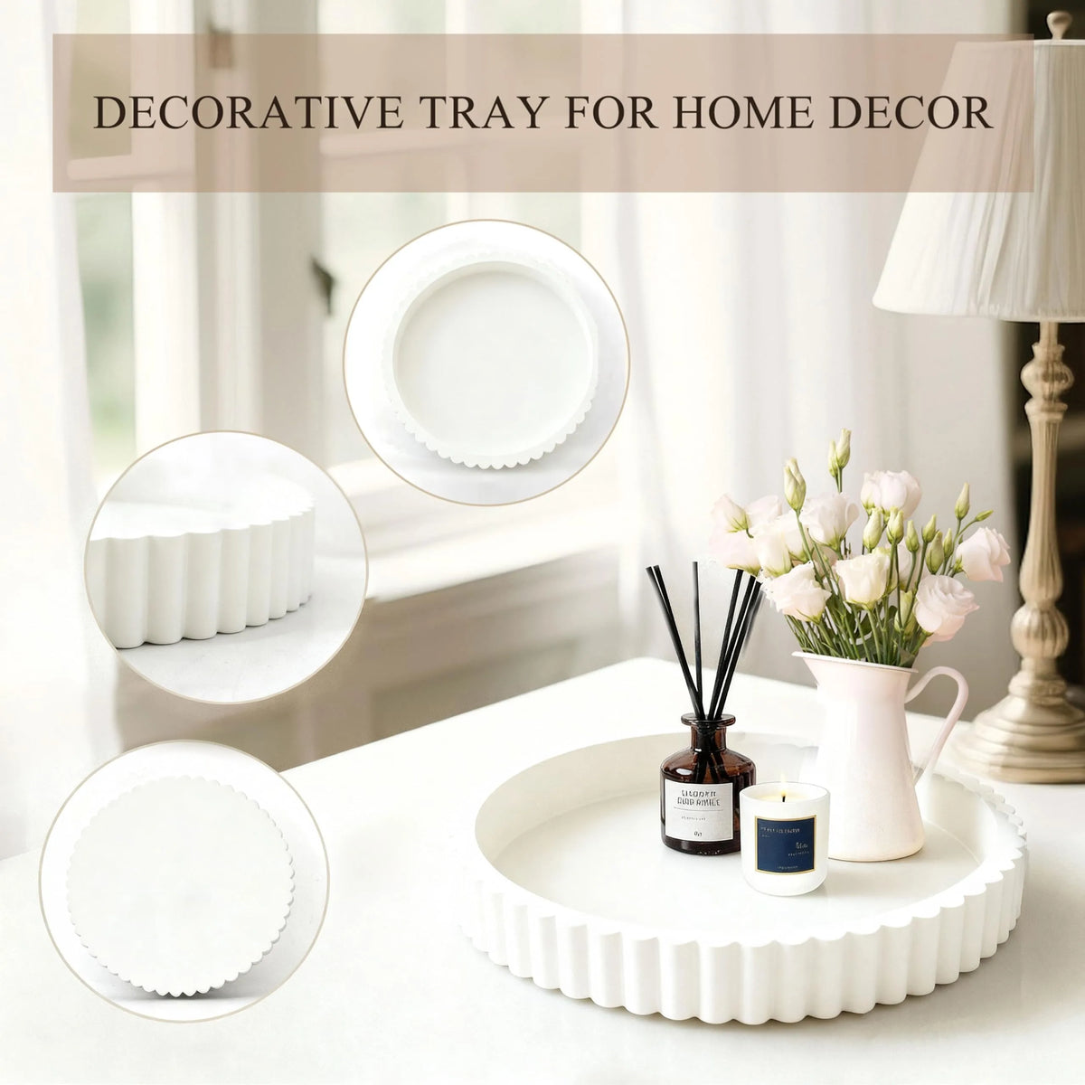 White Round Fluted Decorative Resin Tray for Bathroom Vanity, Perfume, Jewelry & Decor