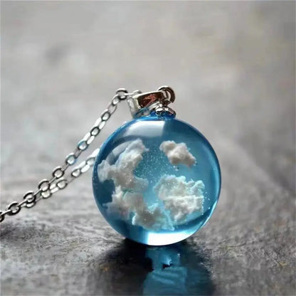 1pc Blue Sky with White Clouds Pattern Round Resin Pendant Necklace Transparent