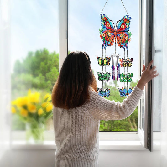 Double Sided Flower Butterflies Hanging Crystal Chime Ornament Wind Chimes DIY Diamond Kits for Garden Window Decor