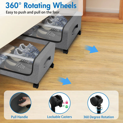2Pack Bed Storage Box with Wheels Large Capacity Rolling Storage Bin with Clear Window and Handles for Clothes Toys Shoes