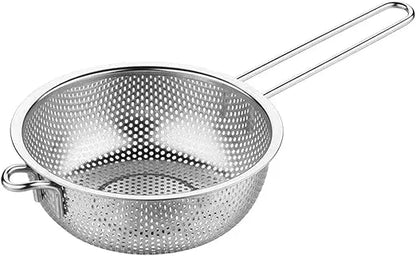 Stainless Steel Colander Fine Mesh Colander with Long Handle, Kitchen Metal Food Strainers with Resting Feet for Strain, Rinse,