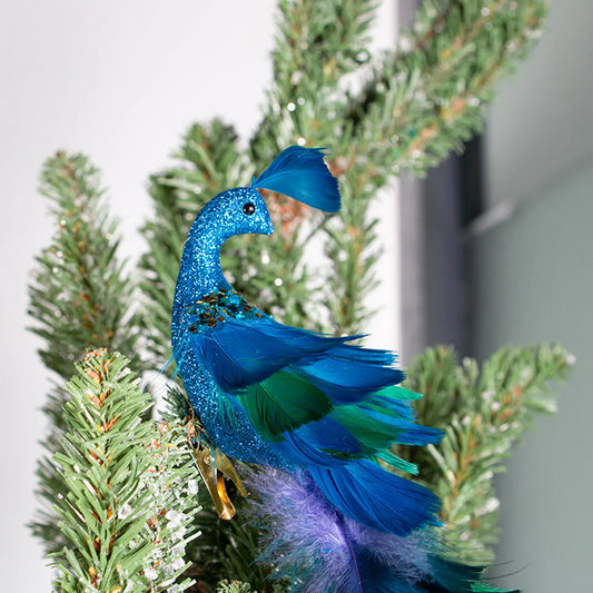Christmas Decorations Faux Peacock Ornaments Glitter Blue Peacock Ornaments With Tail Feather Clip-On Decor Set For Christmas