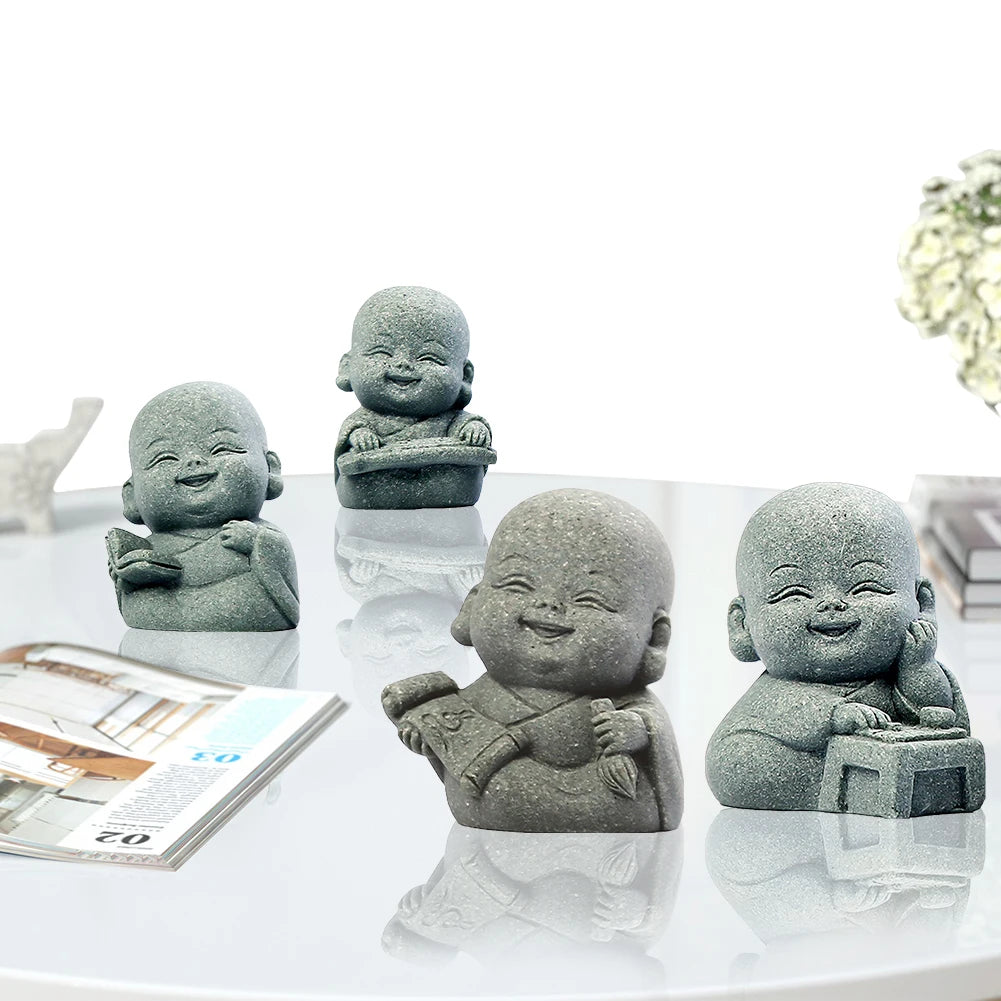 4Pcs Buddha Statue Lovely Little Monk Figurine Buddha Monk Statue for Home Office Car Fish Tank Decor