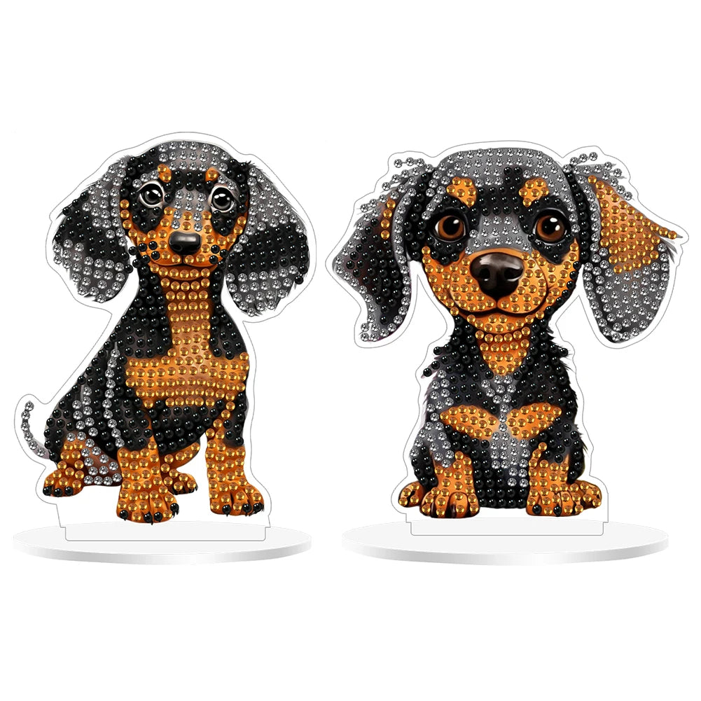 2Pcs Acrylic Special Shaped Cute Dachshund Diamond Painting Tabletop Ornaments Kit Desktop Diamond Art Kits for Table Decoration