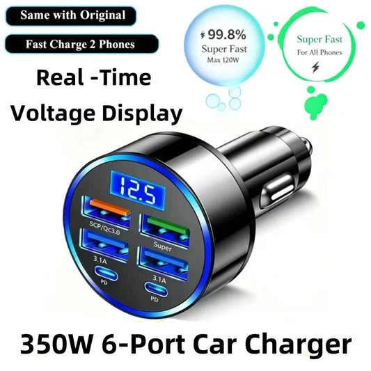 6-in-1 Fast Charging Car Adapter 3.1A Dual Type-C Digital Display Smartphones Tablets Power Banks Black Portable Charger