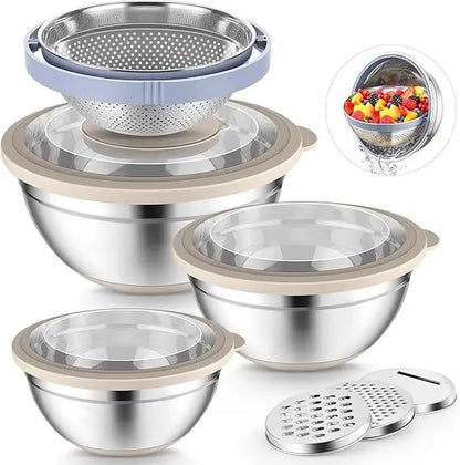 P&P CHEF Mixing Bowls with Lids Set of 3, Stainless Steel Mixing Bowl and Colander for Kitchen, 3 Grater Attachments & Non-Slip