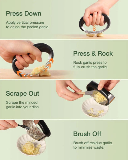 Garlic Press Rocker - Easy Squeeze Mincer & Crusher with Peeler, Effortless Kitchen Gadget for Fast Cooking, Dish Prep