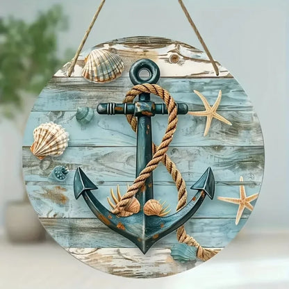 Rustic Round Wreath Sign - Aluminum Beach-Inspired Decor | Ocean Theme for Home|Weatherproof Metal, Nautical Wreath Design
