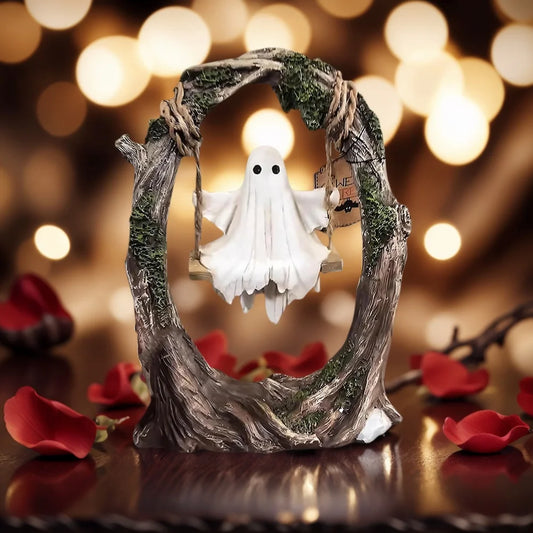 Ghost on Tree Swing Statue Resin Small Ghost Figurine Multi-Purpose Lovely Ghost Decorations for Desktop Bookshelf Decor