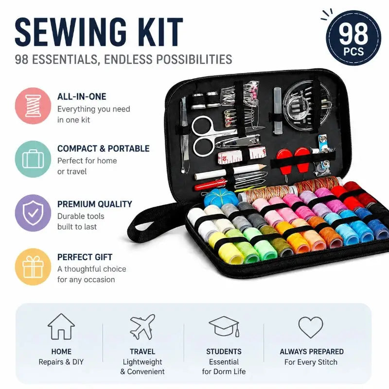 Portable Sewing Kit 68Pcs or 98Pcs, Multi-color Polyester Thread &amp; Tools Set, Compact Zipper Case for Home Travel Garment Repair