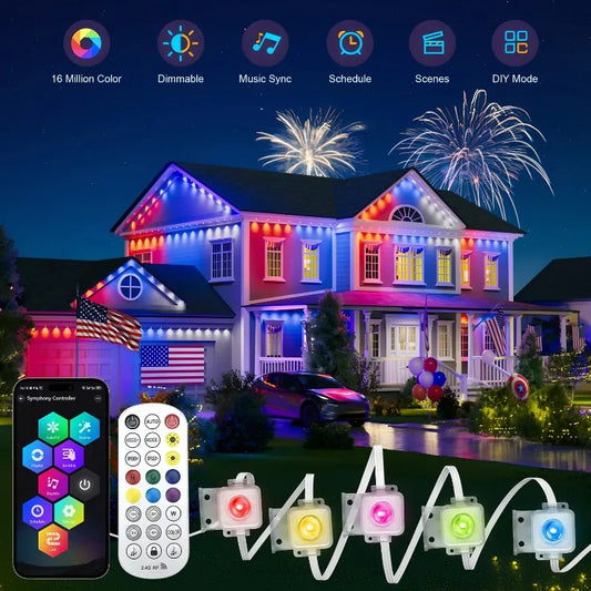 147FT 90LEDs Permanent Outdoor Light String APP Smart RGBIC Eaves LED Lights DIY Scene Modes Christmas Party Lighting Decoration