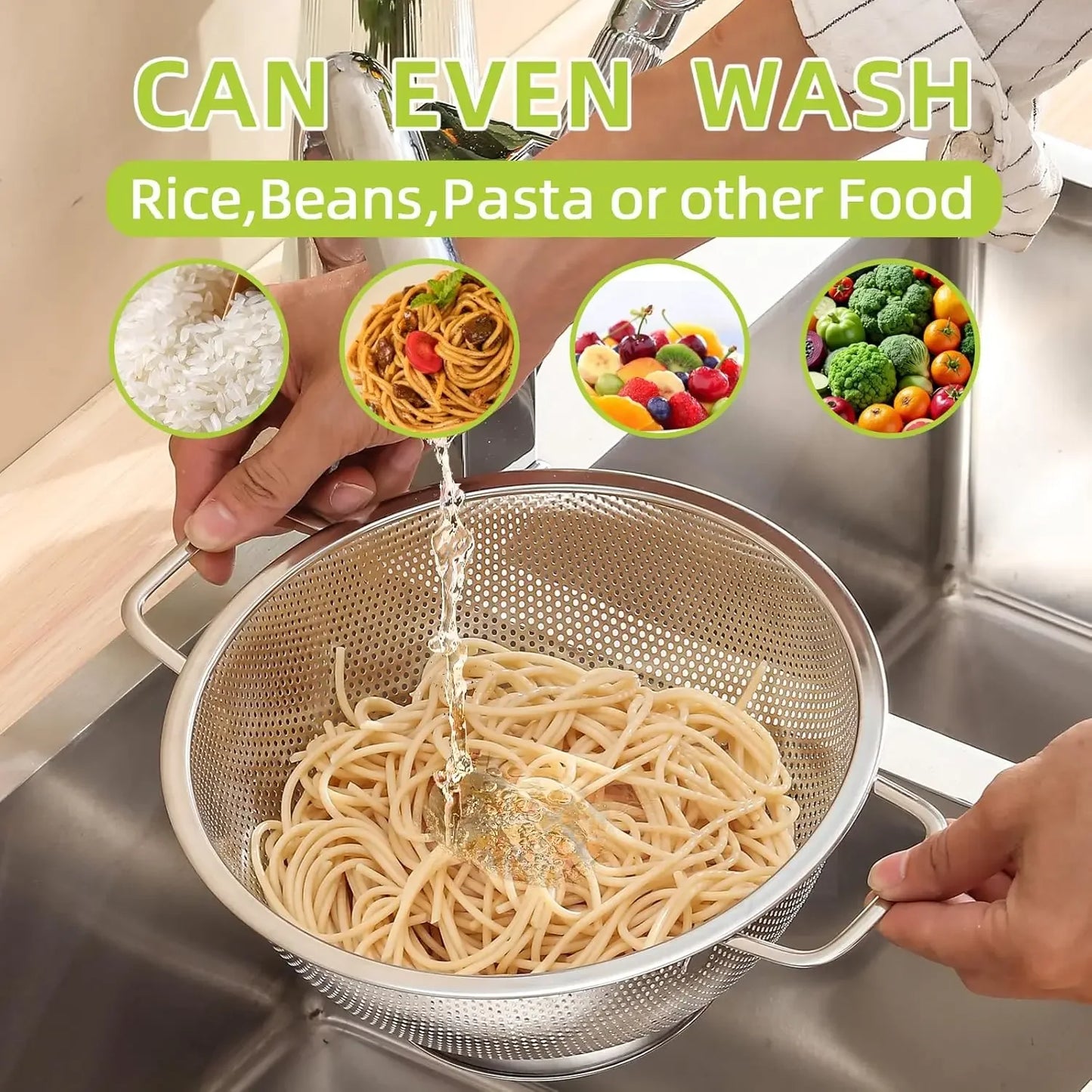 3Qt Metal Colander with Handle, Stainless Steel Strainer for Kitchen, Mesh Strainer for Washing Pasta, Spaghetti, Berry, Fruit,