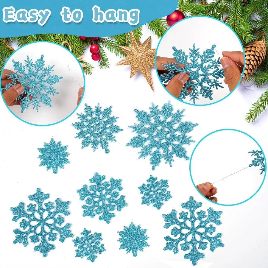 36pcs Christmas Light Blue Snowflake Ornaments Plastic Glitter Snow Flakes Ornaments for Winter Christmas Tree Decorations Size