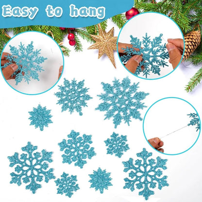 36pcs Christmas Light Blue Snowflake Ornaments Plastic Glitter Snow Flakes Ornaments for Winter Christmas Tree Decorations Size