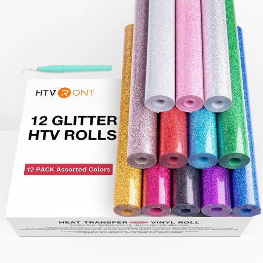 HTVRONT 12 Pack Glitter HTV Heat Transfer Vinyl Roll 12 in x 5 ft for Cricut T-shirt Printing DIY Iron on HTV Film Christmas