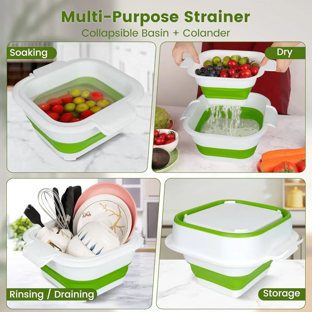 Collapsible Colander Set with Strainer Bowl, 2 in 1 Fruit Washing Basket with Strainer, 5 + 3 QT Plastic Colanders for Kitchen,