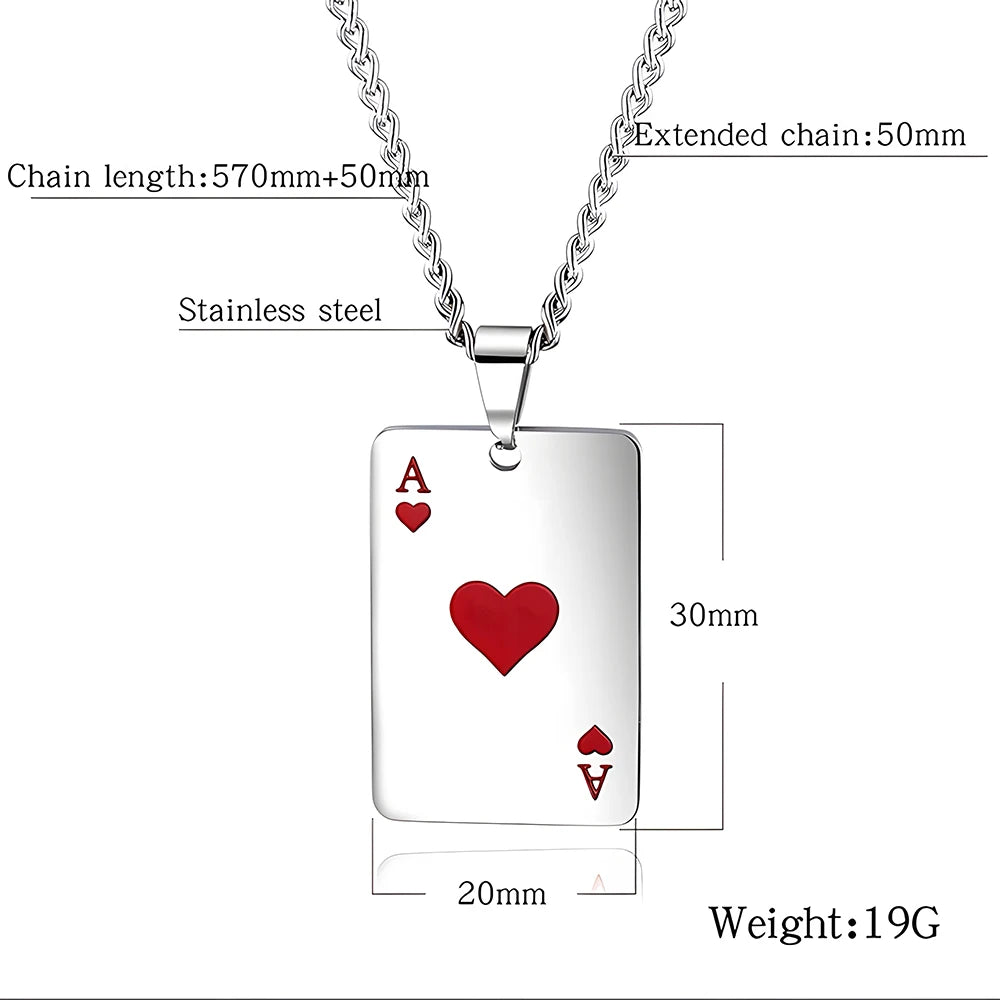 Stainless Steel Poker Card Ace of Spades Necklace Pendant Chain Playing Cards Jewelry Ace of Hearts Necklaces