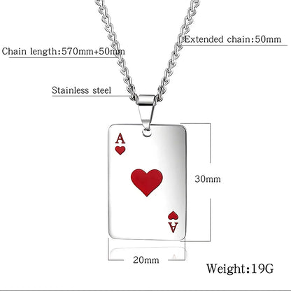 Stainless Steel Poker Card Ace of Spades Necklace Pendant Chain Playing Cards Jewelry Ace of Hearts Necklaces