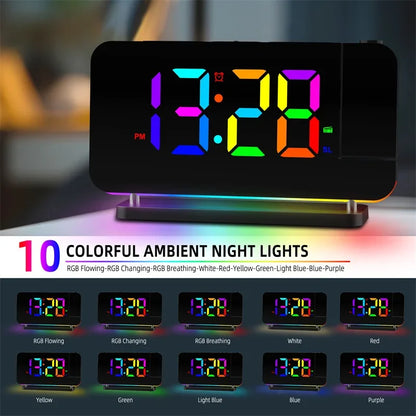 180° Projection Alarm Clock with RGB Mood Light FM Radio 6 Levels Volume Table Clock 12H/24H 2 USB Output Port LED Digital Clock
