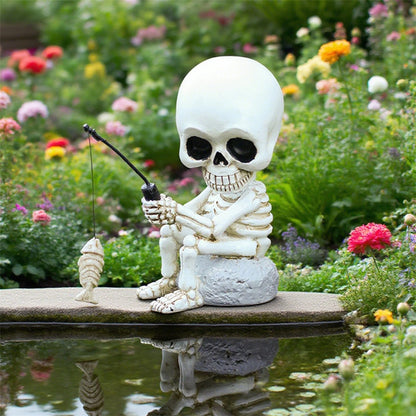Spooky Halloween Skeleton Fisherman Figurine Day of The Dead Gothic Resin Statue for Outdoor Garden Decor