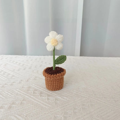 New Hand Knitting Potted Plants Handwoven Rose Sunflower Tulip Crochet Flower Bouquet Potted Ornament Table Home Room Decoration