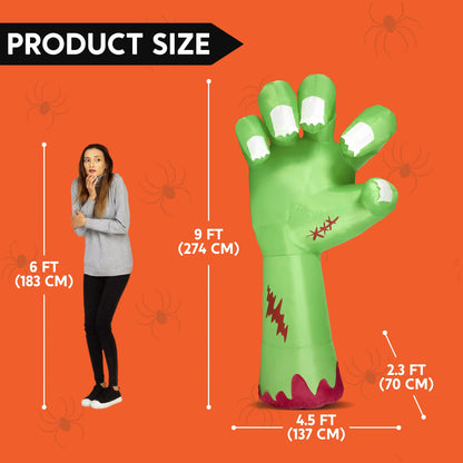 Joyfy 9ft Halloween Inflatables Broken Hand Giant Zombie Arm Outdoor Decoration with Built-in LEDs Scary Green Giant Hand