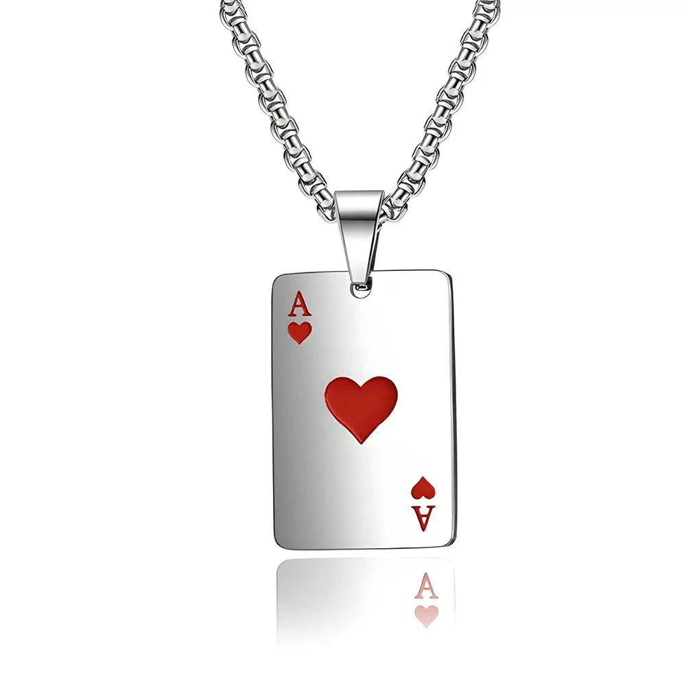 Stainless Steel Poker Card Ace of Spades Necklace Pendant Chain Playing Cards Jewelry Ace of Hearts Necklaces